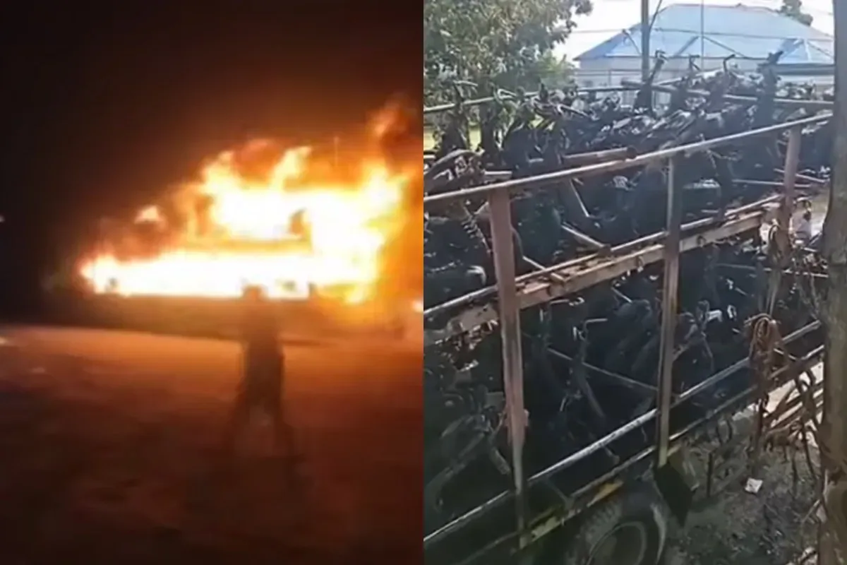 Momen truk pengangkut motor di Labuhanbatu Selatan terbakar. (Sumber: Tangkap Layar Instagram/@funnelmedia)