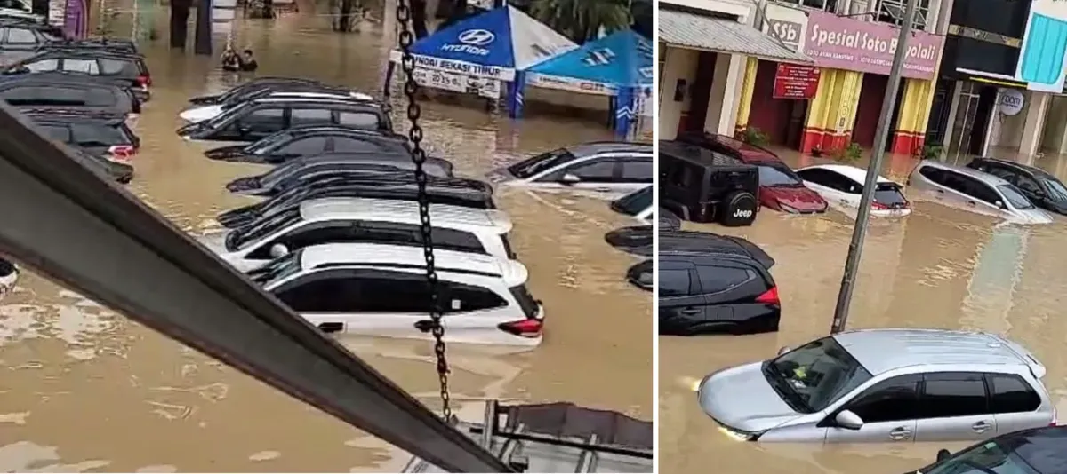 Puluhan mobil yang terparkir di sekitar ruko Grand Galaxy City Bekasi terendam air setinggi 1,2 meter. (Sumber: Dokumen Netijen)