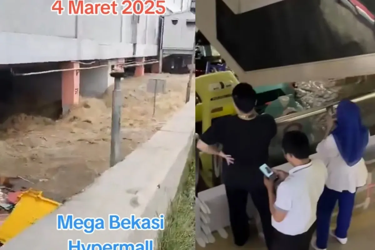 Banjir di Mega Mall Bekasi pada Selasa, 4 Maret 2025 (Sumber: TikTok/ @sigitsatriani dan @veveprama)