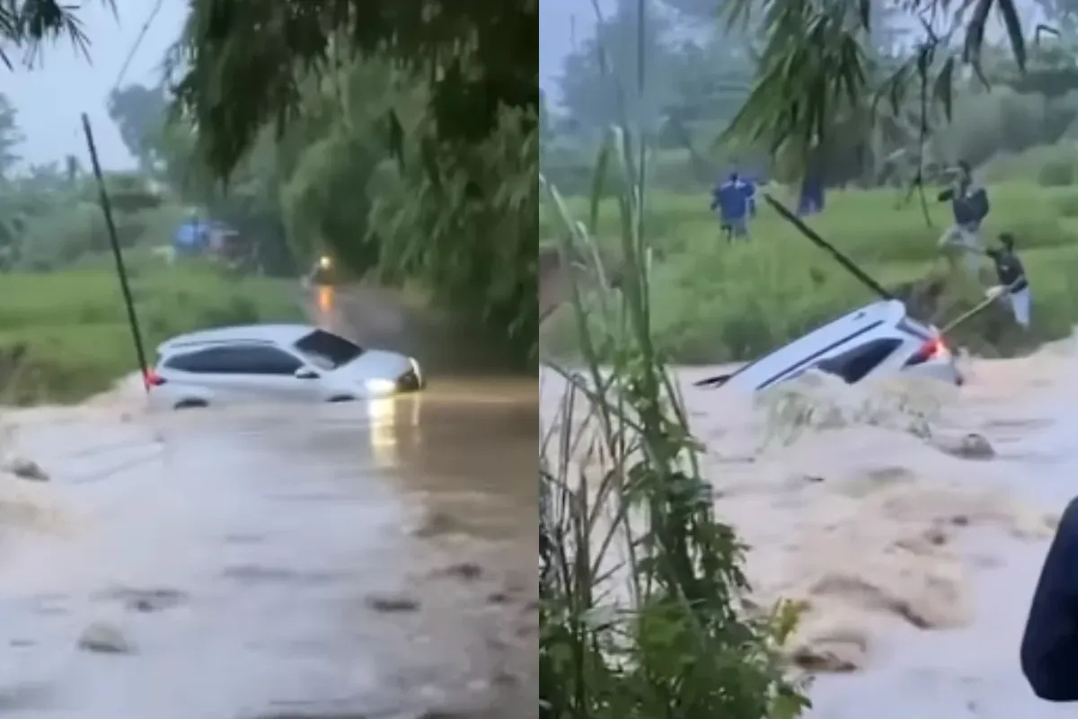 Momen mobil hanyut terseret arus banjir di Bekasi, Jawa Barat. (Sumber: Tangkap Layar Instagram/@infokrw)