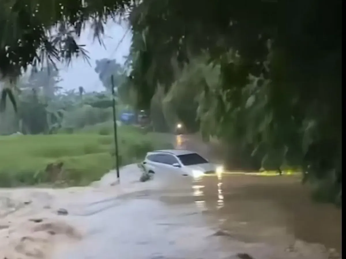 Mobil terbawa arus banjir deras di Situ Kampung Nawit Bekasi (Sumber: Instagram)