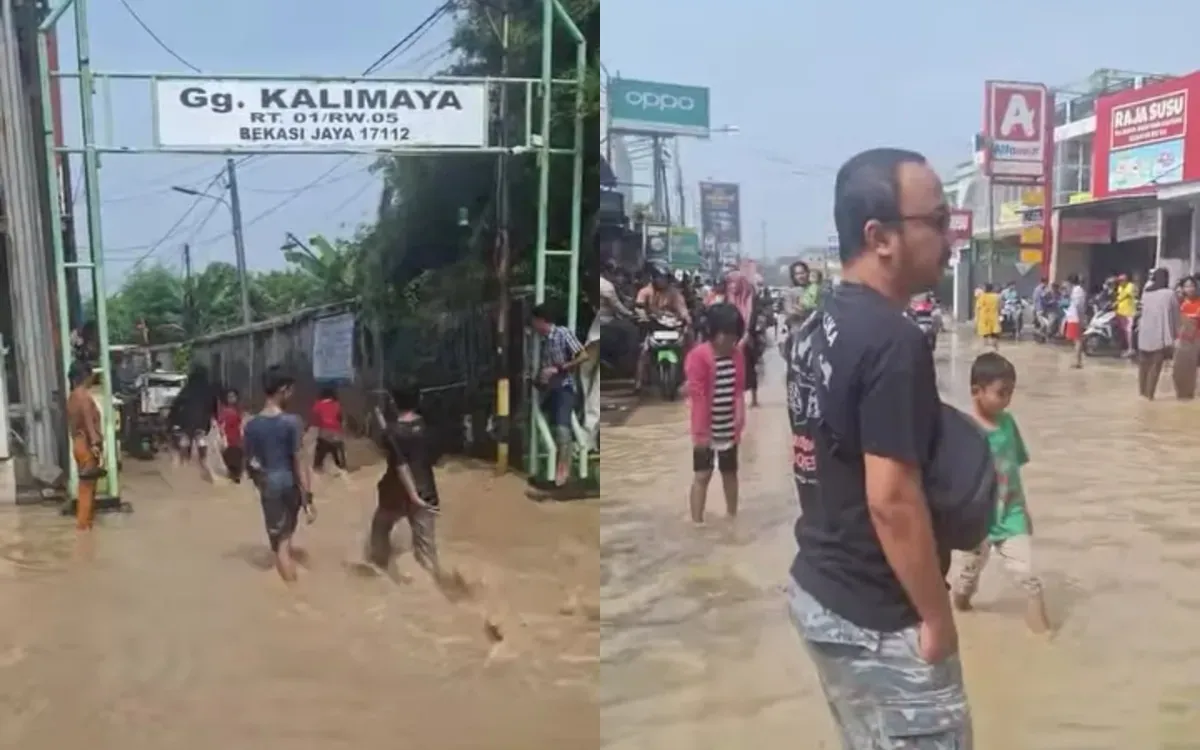 Kondisi terkini banjir di depan Gang Kalimaya, Bekasi Timur, pada Selasa, 4 Maret 2025 siang hari. (Sumber: Instagram/@infojawabarat)