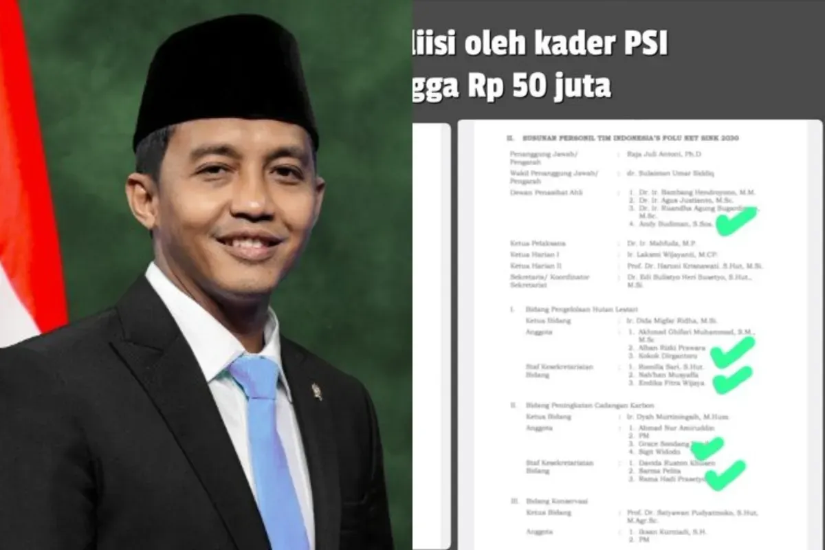 Menhut Raja Juli mendapat sorotan karena memasukkan banyak kader PSI dalam dalam Struktur FOLU Net Sink 2030. (Sumber: X/@BosPurwa/@RajaJuliAntoni)