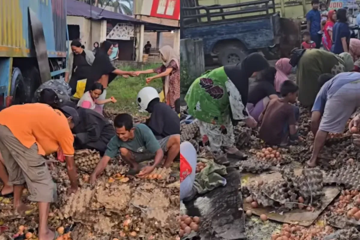 Warga Labuhanbatu Selatan, Sumatera Utara menjarah telur hingga HP milik korban dari kecelakaan mobil pikap. (Sumber: Tangkap Layar Instagram/@fakta.indo)