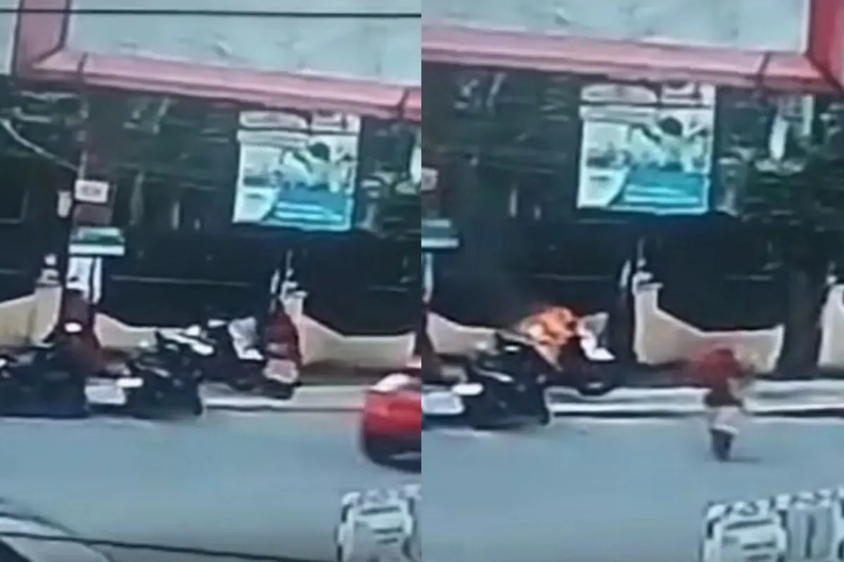 Beredar video viral oknum polisi tendang wanita ODGJ yang diduga menyiramkan bensin hingga membakar sepeda motor miliknya. (Sumber: Tangkap layar Instagram/@medsoszone)