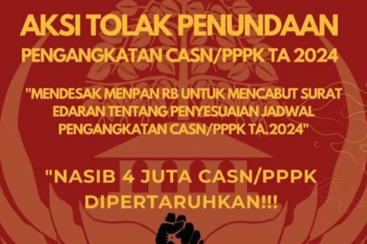 Ilustrasi seruan aksi tolak penundaan pengangkatan CASN dan PPPK 2024. (Sumber: X/@TapalBatas16)