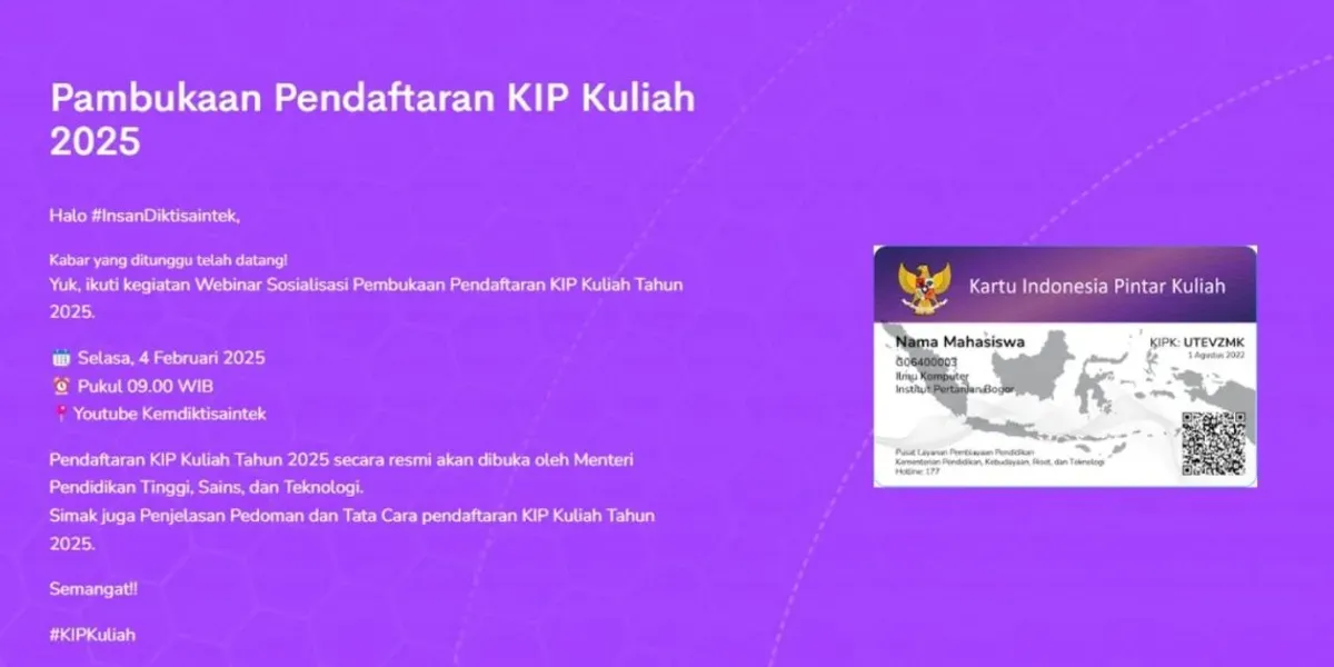 Pendaftaran KIP Kuliah 2025 dibuka untuk berbagai jalur seleksi. (Sumber: Dok/KIP Kuliah 2025)