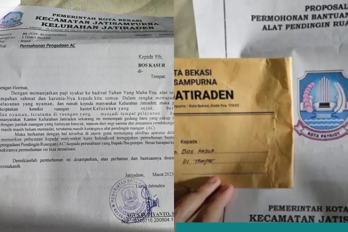 Lurah Jatiraden, Kota Bekasi mengedarkan surat permohonan pengadaan AC kepada pengusaha. (Sumber: Facebook/Eckha Luphcats Moslemorhohisis)