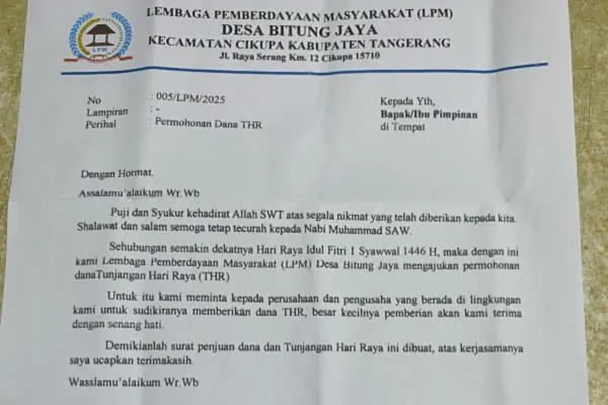 Beredar sebuah surat permohonan meminta THR dari salah satu Ormas di Tangerang kepada para pengusaha. (Sumber: X/@baco*tetangga)