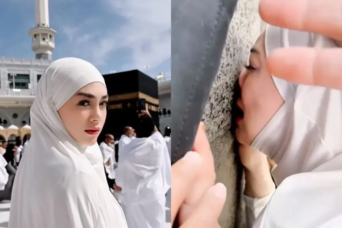 Resmi menjadi mualaf, Celine Evangelista bagikan momen haru saat umrah di Tanah Suci. (Sumber: Kolase/Fotojet)