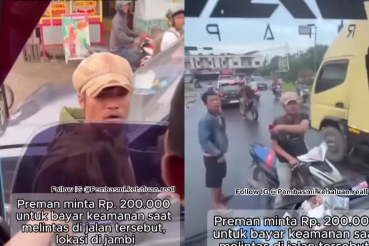 Dua preman melakukan pemalakan terhadap sopir truk di Kota Jambi dengan alasan penertiban. (Sumber: Tangkap Layar Instagram/@pembasmi.kehaluan.reall)