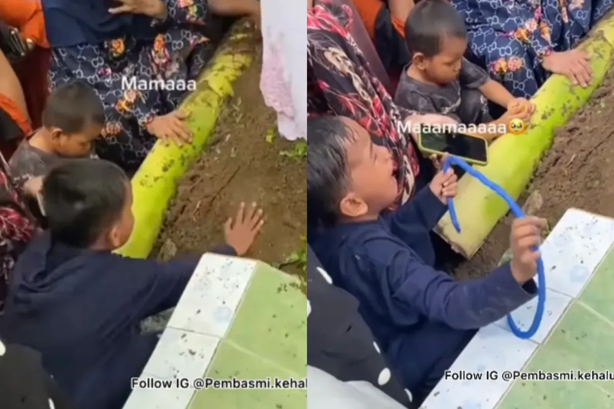 Seorang bocah laki-laki menangis pilu ketika sang ibunda dimakamkan. (Sumber: Tangkap Layar Instagram/@pembasmi.kehaluan.reall)