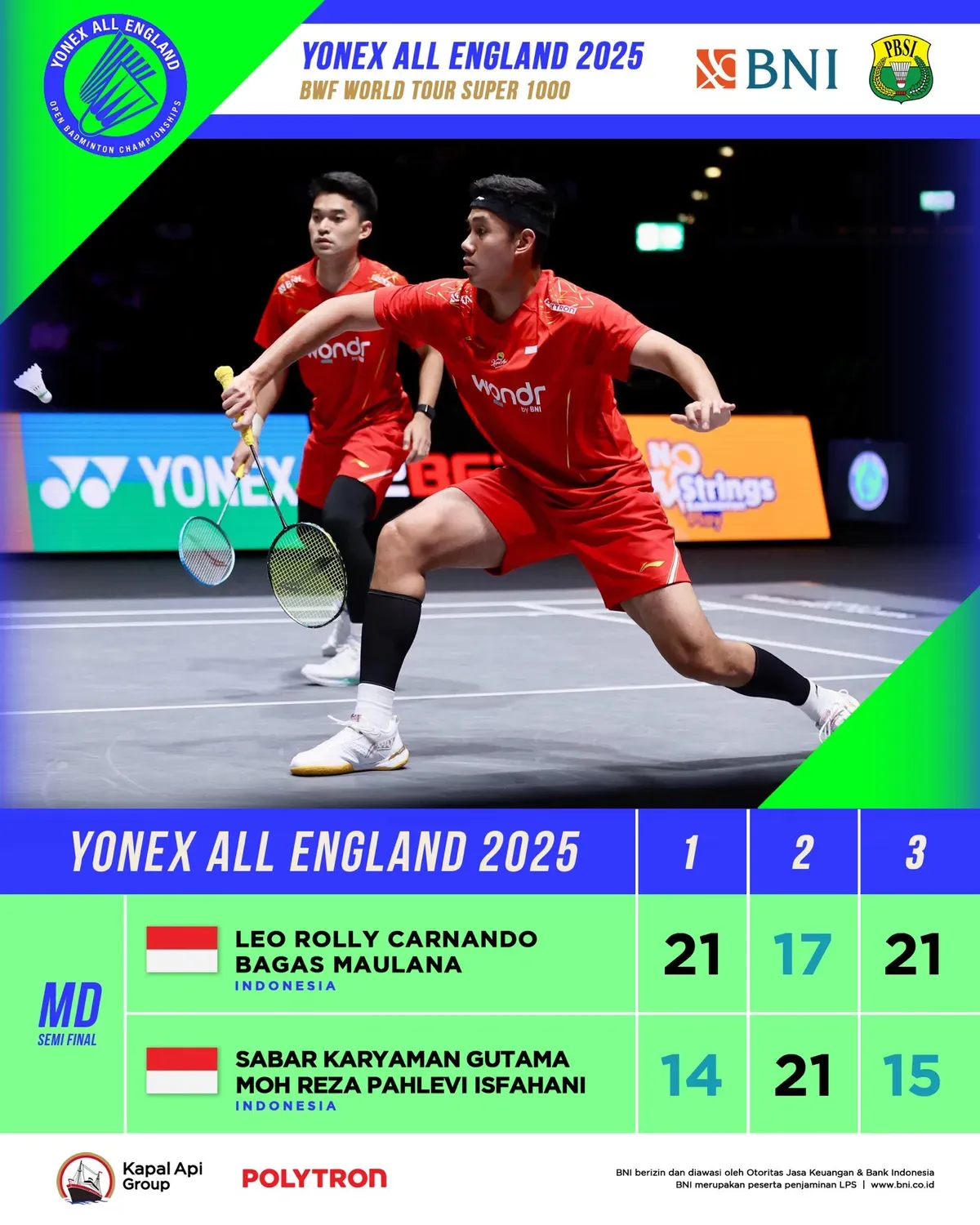 Leo Rolly Carnando/Bagas Maulana memastikan tempat di final All England 2025 setelah menundukkan Sabar Karyaman Gutama/Moh Reza Pahlevi Isfahani. (Sumber: @INABadminton)