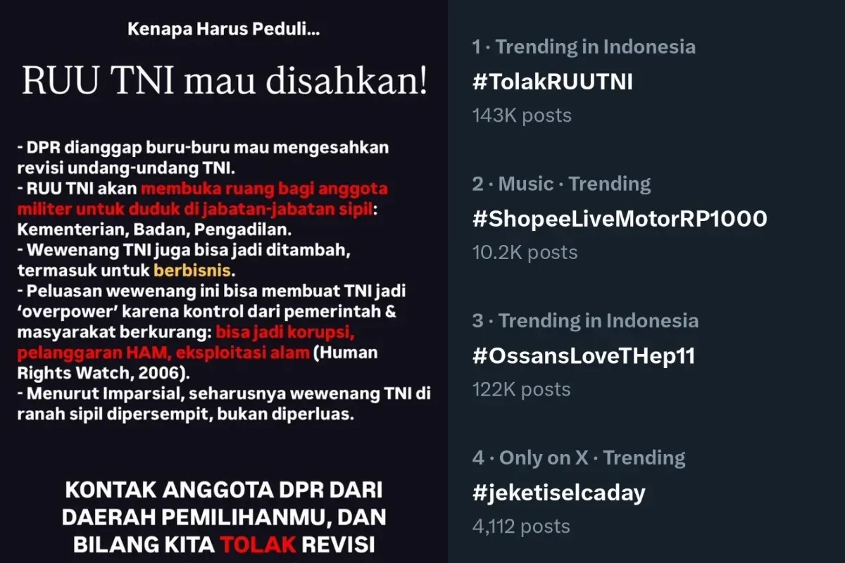 Ramai hastag tolag RUU TNI di X (Sumber: X/@rakjarmelawan)