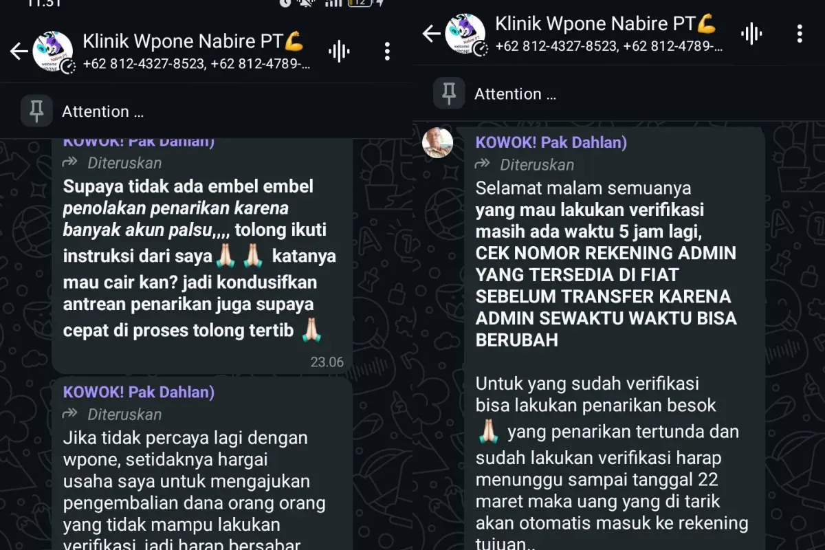 Ilustrasi bukti chat dugaan penipuan aplikasi WPONE. (Sumber: Facebook/WPONE Indonesia)