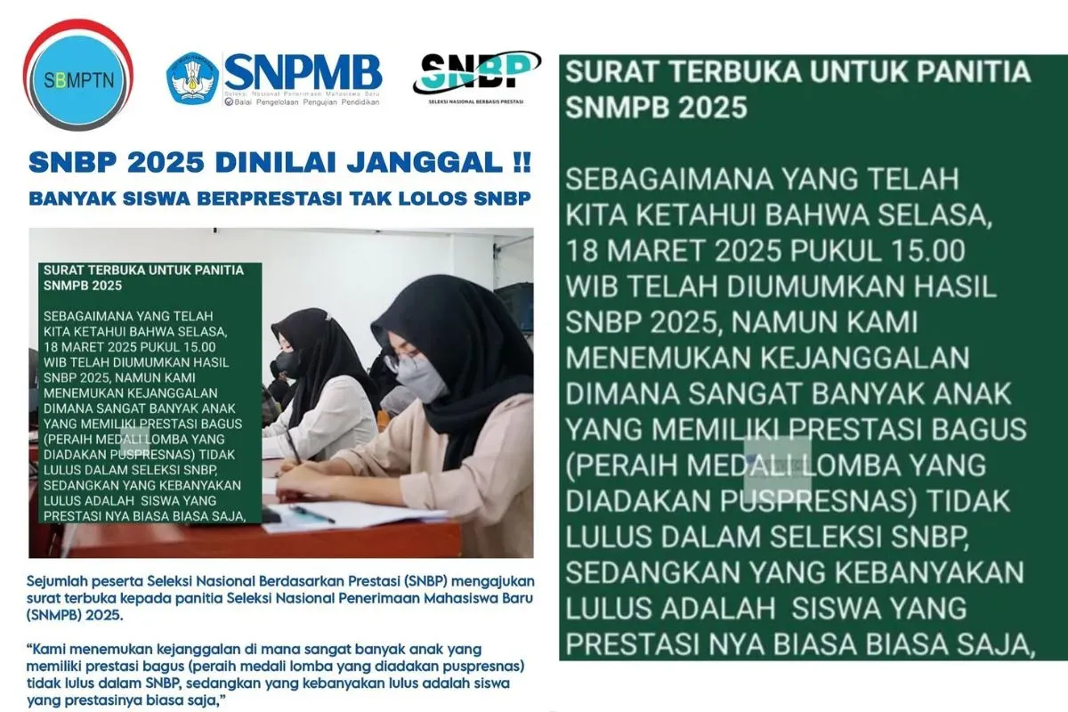 Tangkapan layar Surat Terbuka SNBP 2025 dinilai Janggal lantaran banyak siswa berprestasi tak lolos di jalur tersebut. (Sumber: Instagram: info.snpmb)