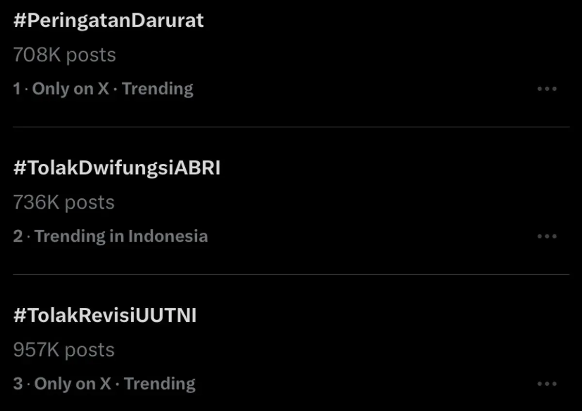 Tagar Tolak RUU TNI, Peringatan Darurat, dan Tolak Dwifungsi ABRI masih terus trending di X (Sumber: Poskota/Mitha Aullia)