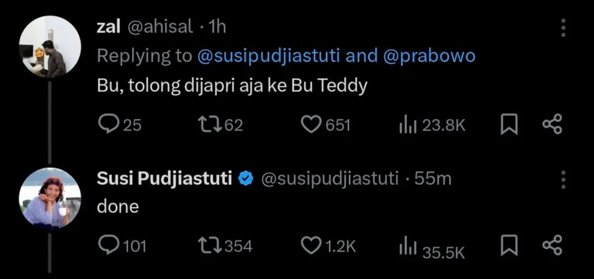 panggilan “Bu Teddy” trending usai Susi Pudjiastuti memberikan balasan soal pernyataan Hasan Nasbi yang kontroverional.(Sumber: X/@warmsterdam)