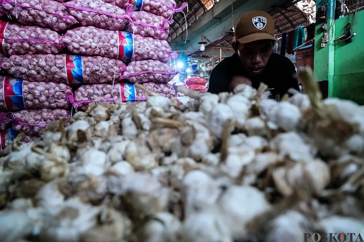 Pedagang memilah bawang merah dan bawang putih impor yang akan dijual ke pembeli di Pasar Induk Kramat Jati, Jakarta Timur, Kamis, 1 Mei 2025. (Sumber: Poskota/Bilal Nugraha Ginanjar)