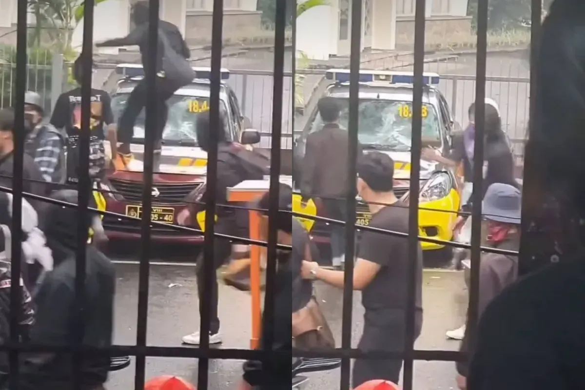 Viral massa demo Hari Buruh terekam tengah merusak mobil polisi di Bandung pada Kamis, 1 Mei 2025. (Sumber: Tangkap layar Instagram/@medsoszone)