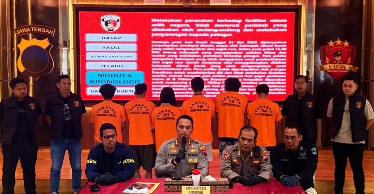 Polrestabes Semarang menetapkan enam orang sebagai tersangka dalam aksi kerusuhan dan perusakan yang terjadi selama demonstrasi May Day, pada 1 Mei 2025, di Jalan Pahlawan, depan kantor Gubernur Jawa Tengah. (Sumber: Dok Polrestabes Semarang)
