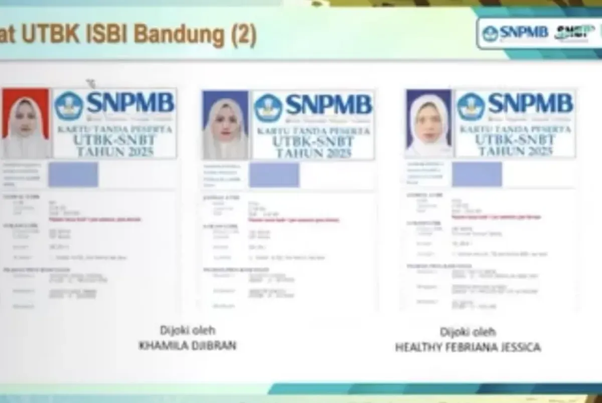 Beberapa kartu peserta UTBK 2025 dengan wajah serupa namun identitas berbeda viral di media sosial, memicu dugaan praktik joki seleksi perguruan tinggi. (Sumber: X/@jongufisip)