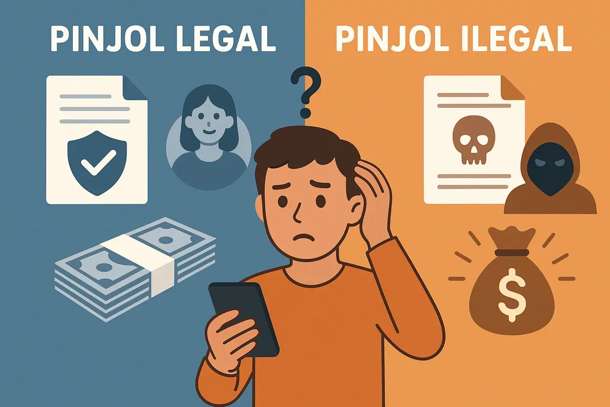 Ilustrasi perbedaan antara pinjol legal vs pinjol ilegal. (Sumber: ChatGPT)