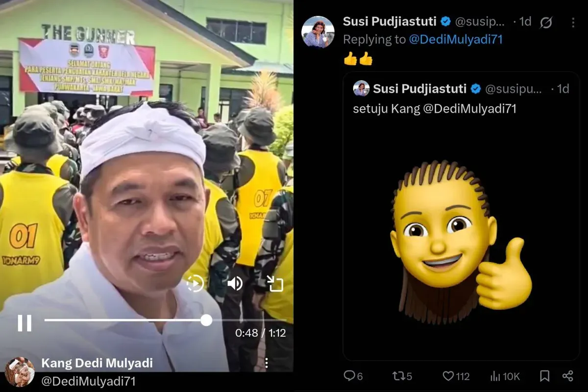 Gubernur Jabar, Dedi Mulyadi mendapat acungan jempol dari Susi Pudjiastuti saat membagikan kondisi siswa di barak militer. (Sumber: Tangkap layar X/@DediMulyadi71)