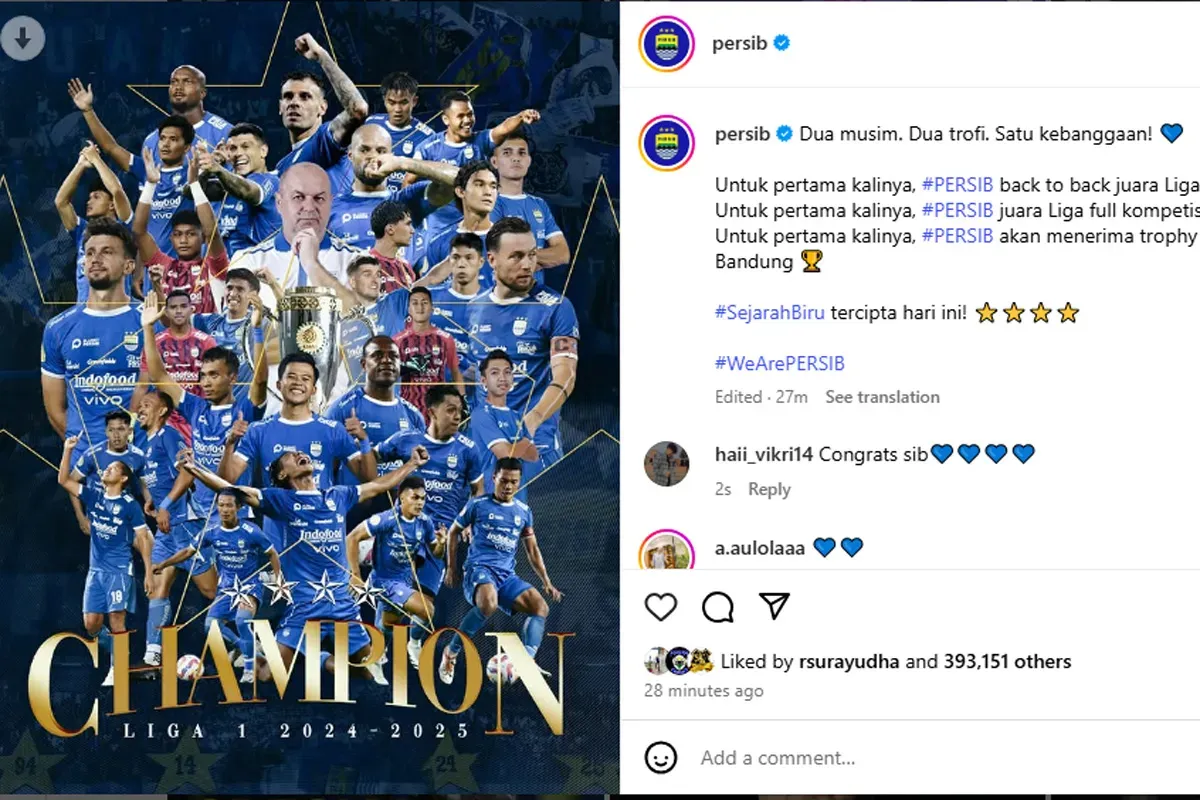 Tangkap layar postingan akun Instagram Persib setelah Maung Bandung memastikan gelar juara Liga 1 musim ini.