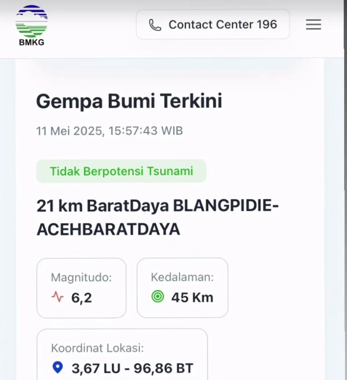 Gempa M6,2 guncang Aceh pada 11 Mei 2025, berpusat di darat 21 km barat daya Blangpidie. Tiga gempa susulan terjadi, tanpa potensi tsunami. Getaran terasa hingga Medan. (Sumber: Dok BMKG)