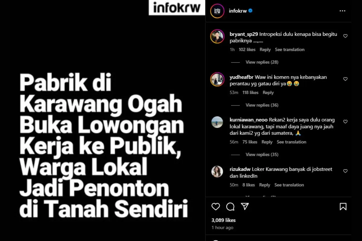 Viral warganet menduga perusahaan dan pabrik di Karawang enggan membuka lowongan pekerjaan. (Sumber: Instagram?@infokrw)