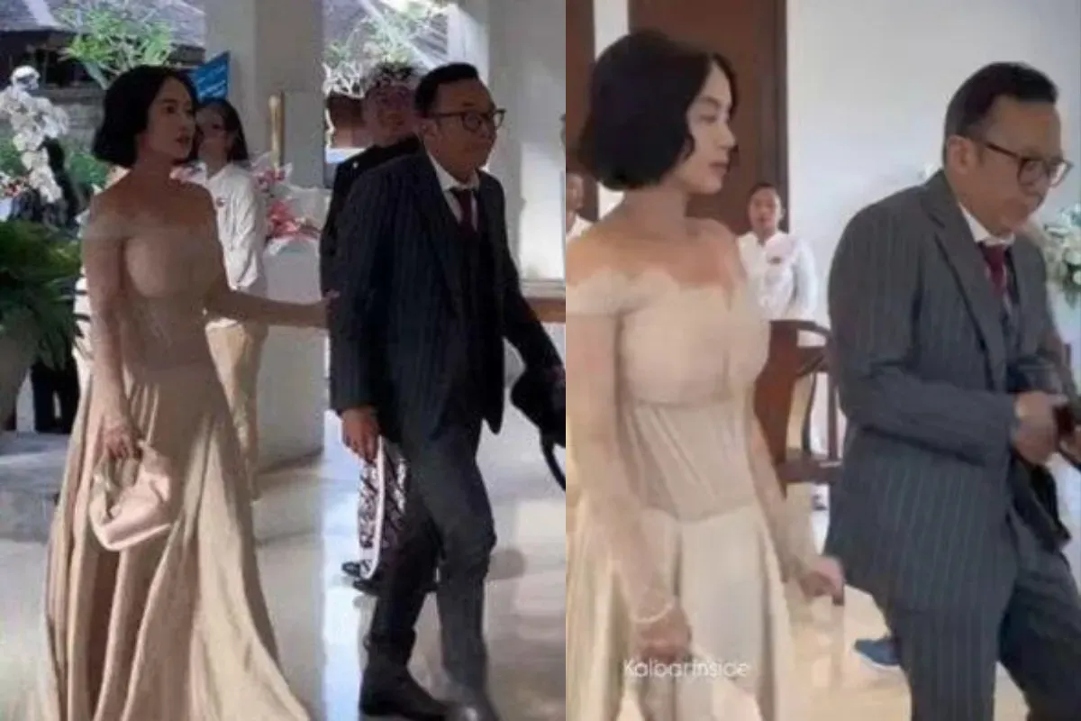 Potret Dearly Desiana yang mendampingi Ari Lasso di pernikahan Luna Maya dan Maxime Bouttier. (Sumber: TikTok/@svntnelvn)