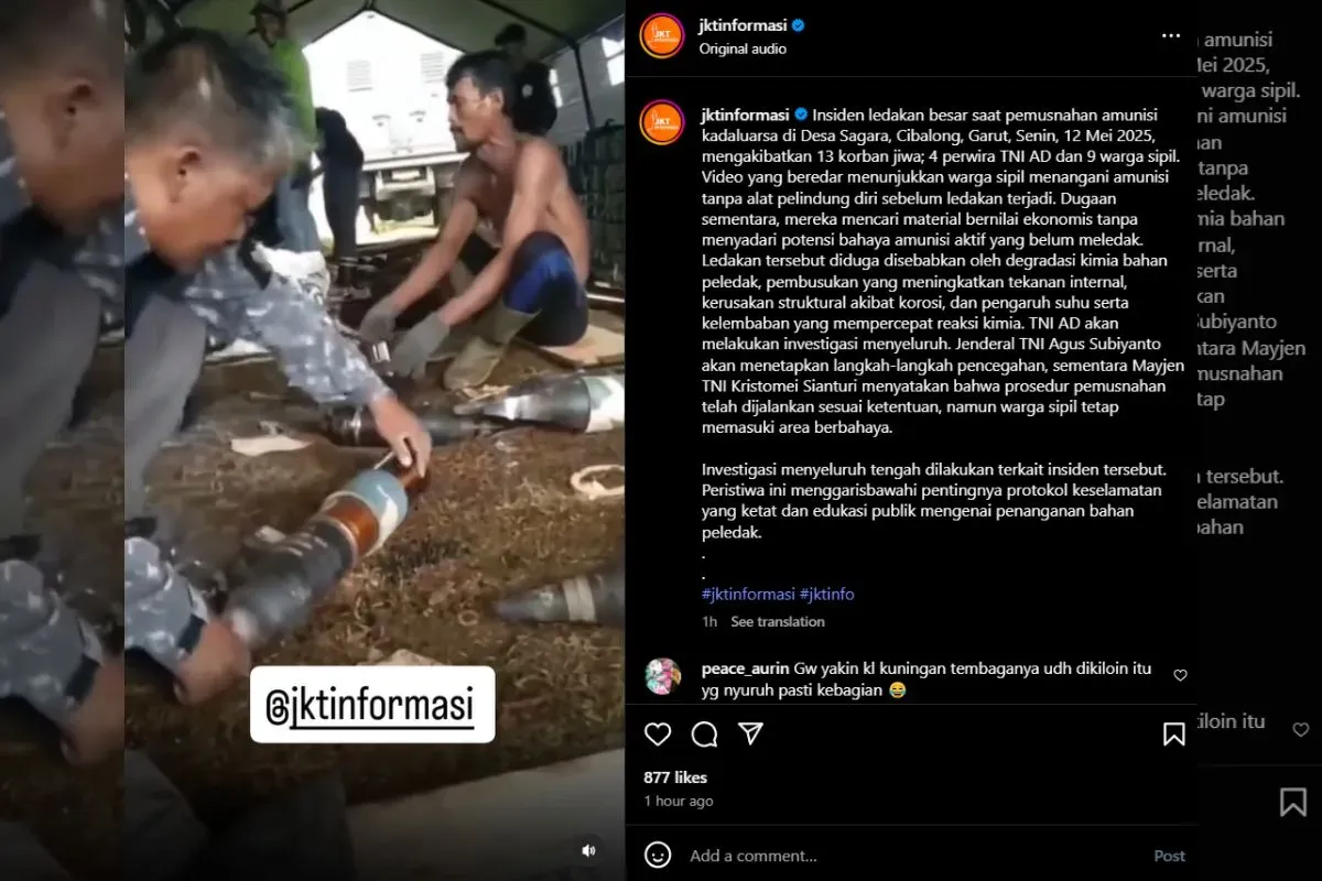 Rekaman viral yang menunjukan warga sipil diduga melakukan penanganan amunisi kedaluwarsa tanpa alat pelindung. (Sumber: Instagram/@jktinformasi)
