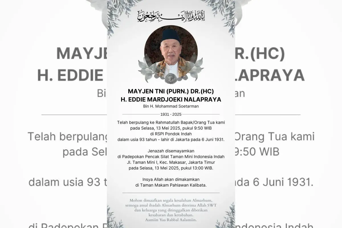 Mayjen TNI (Purn.) Dr. (HC) H. Eddie Mardjoeki Nalapraya, tokoh militer dan budayawan terkemuka Indonesia, meninggal dunia pada Selasa, 13 Mei 2025 pagi, pukul 09.50 WIB di RSPI Pondok Indah, Jakarta. (Sumber: Istimewa)
