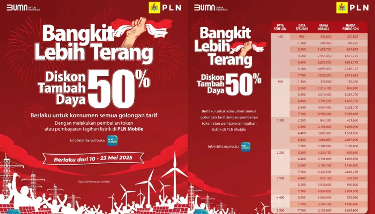 Dapatkan diskon 50 persen biaya tambah daya PLN melalui aplikasi. Syarat mudah dan berlaku hingga 23 Mei 2025. (Sumber: Instagram/@pln_id)