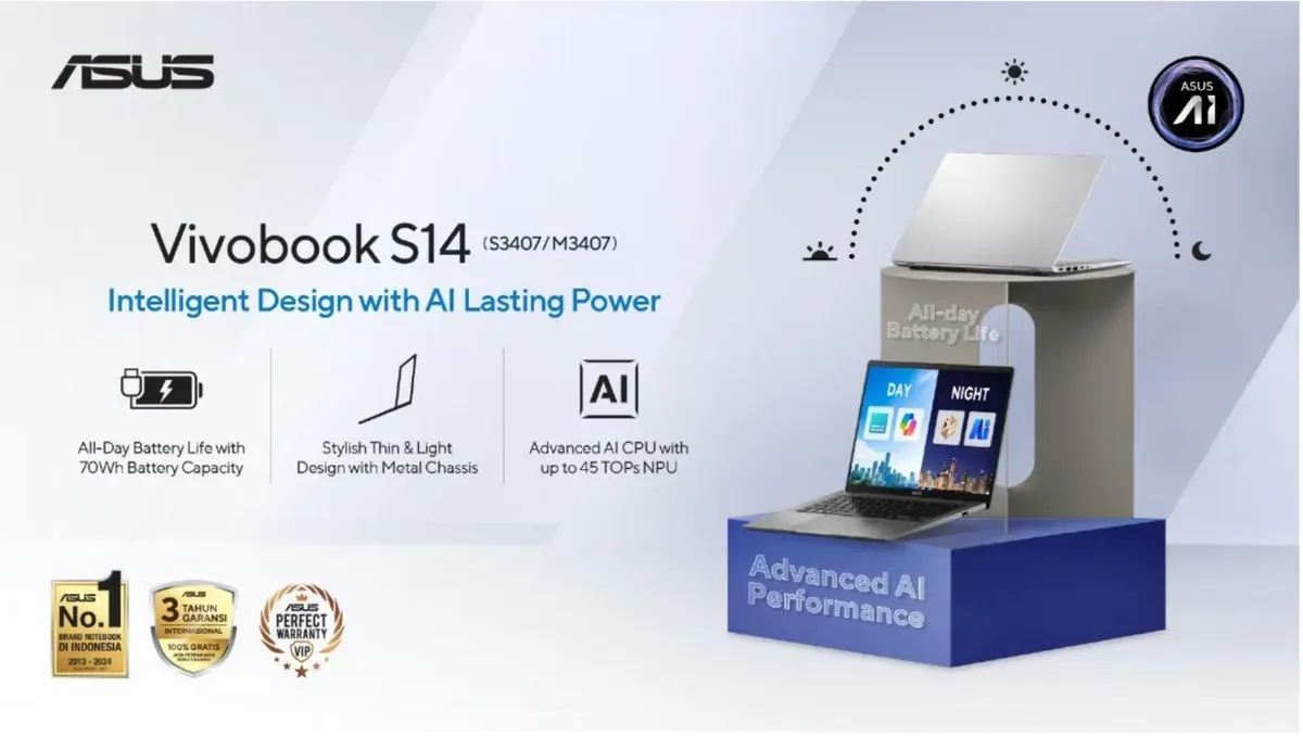 ASUS Vivobook S14, laptop tipis dan ringan dengan bodi kuat serta teknologi terbaru, dirancang untuk mendukung aktivitas sehari-hari dan pekerjaan profesional pengguna modern yang dinamis. (Sumber: ASUS)