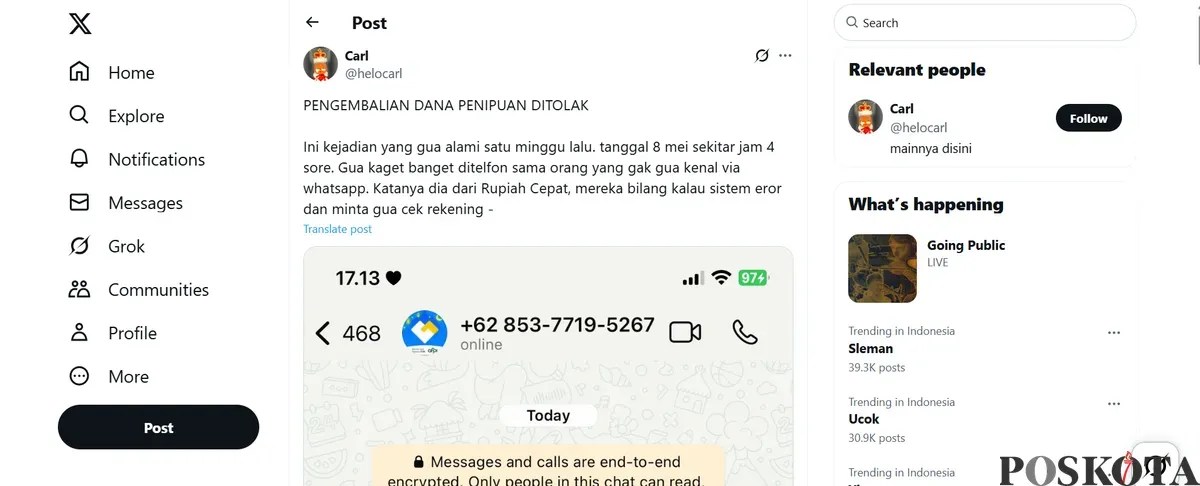 Unggahan viral dugaan penyalahgunaan data pribadi aplikasi pinjol Rupiah cepat. (Sumber: X/helocarl)