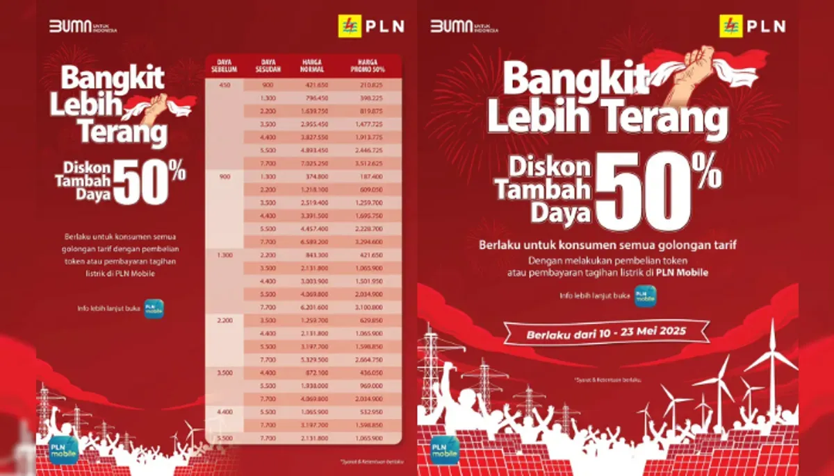 Tambah daya listrik PLN diskon 50 persen. Segera ajukan sebelum 23 Mei 2025 melalui aplikasi PLN Mobile. (Sumber: Instagram/@pln_id)