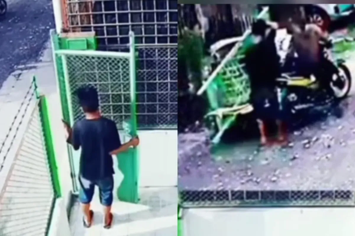 Aksi pencurian pagar rumah di Medan oleh dua orang pria dengan membawanya menggunakan sepeda motor. (Sumber: Tangkap Layar Instagram/@medsoszone)