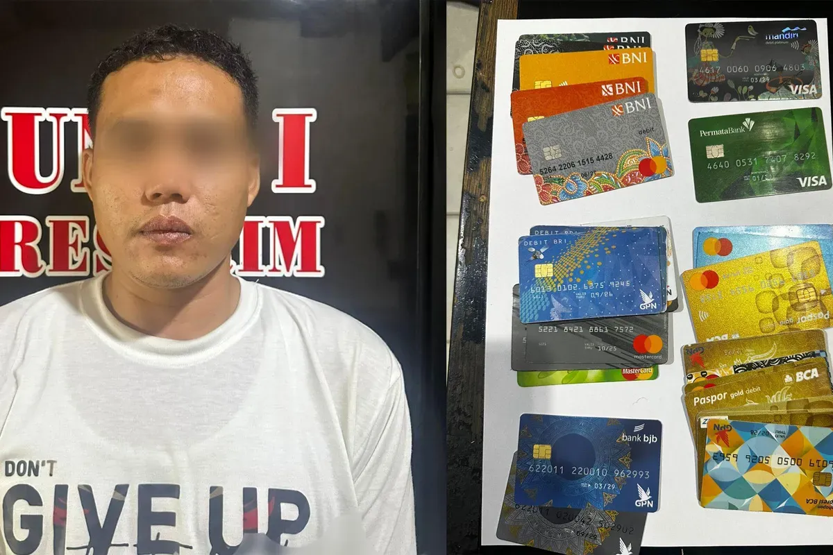 DS, pelaku ganjal ATM diamankan polisi dengan sejumlah barang bukti saat beraksi di SPBU Cendrawasih Raya, Cengkareng, Jakarta Barat, Kamis, 22 Mei 2025. (Sumber: Dok Polsek Cengkareng)