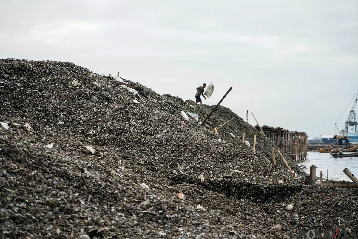 Tumpukan sampah cangkang kerang hijau di Kawasan Cilincing, Jakarta Utara, Senin, 24 Mei 2025. (Sumber: Poskota/Bilal Nugraha Ginanjar)