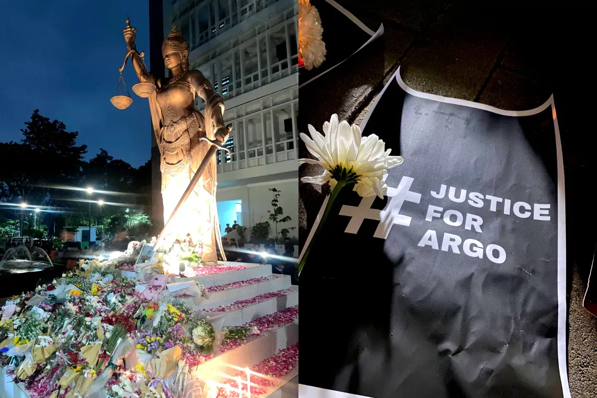 Potret tagar justice for Argo serta prosesi penebaran bunga di depan Fakultas Hukum UGM. (Sumber: X)