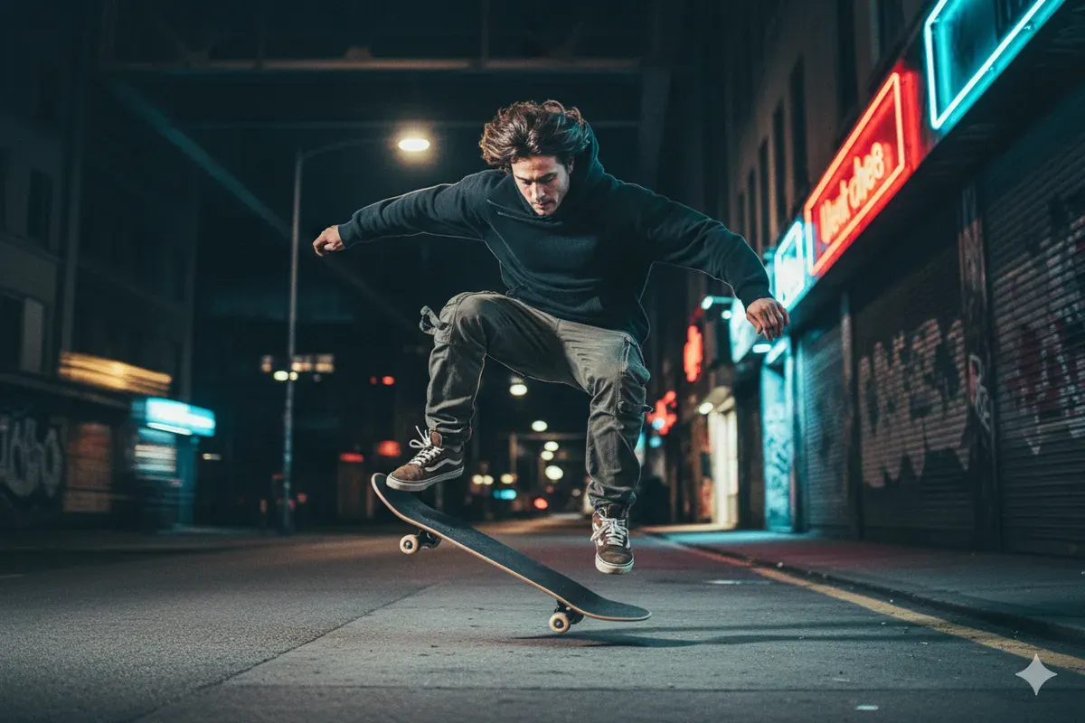 Hasil edit prompt Gemini AI terbaru foto cowok keren main skateboard ala skena (Sumber: Freepik/cookie_studio)