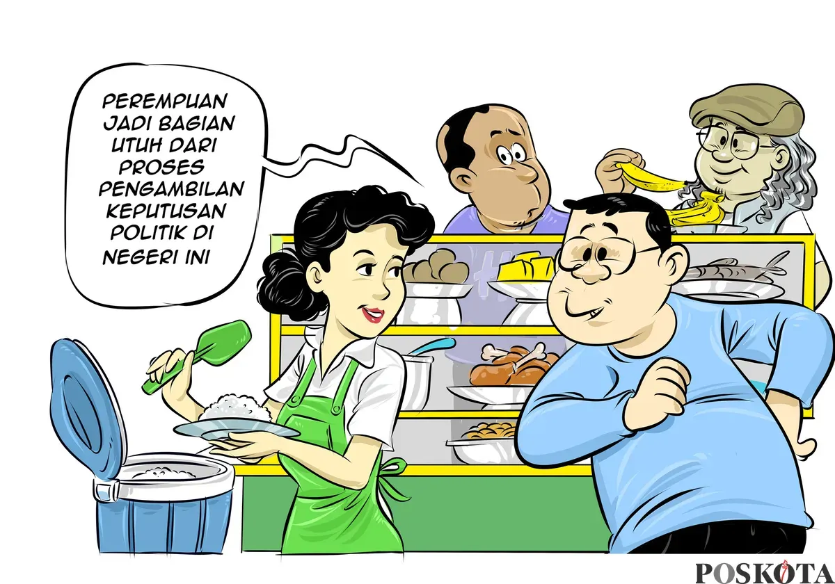 Ilustrasi obrolan di warteg tentang peran perempuan dalam politik. Perempuan bukan lagi pelengkap, melainkan bagian utuh dari proses pengambilan keputusan di negeri ini. (Sumber: Poskota/Arif Setiadi)