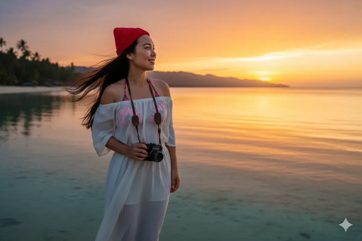 Hasil edit prompt Gemini AI terbaru foto wanita liburan di pantai Lombok. (Sumber: Freepik)