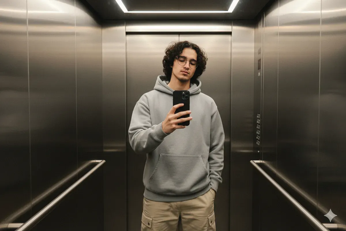 Hasil edit prompt Gemini AI foto cowok mirror selfie pakai iPhone 17 Pro Max di lift yang ganteng maksimal. (Sumber: Freepik/user18526052)