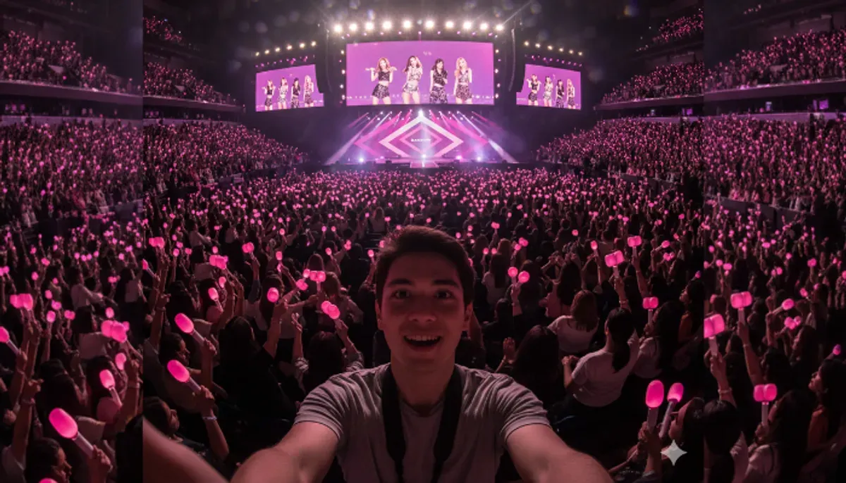 Dengan Gemini AI, Anda bisa membuat foto realistis seolah-olah sedang berada di konser K-pop. (Sumber: Poskota/Gemini AI Generated)