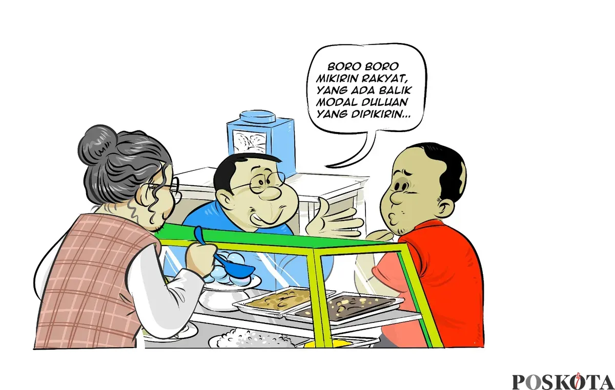 Ilustrasi obrolan warteg yang menyinggung isu kepala daerah yang lebih fokus “balik modal” daripada memikirkan kepentingan rakyat. (Sumber: Poskota/Arif Setiadi)