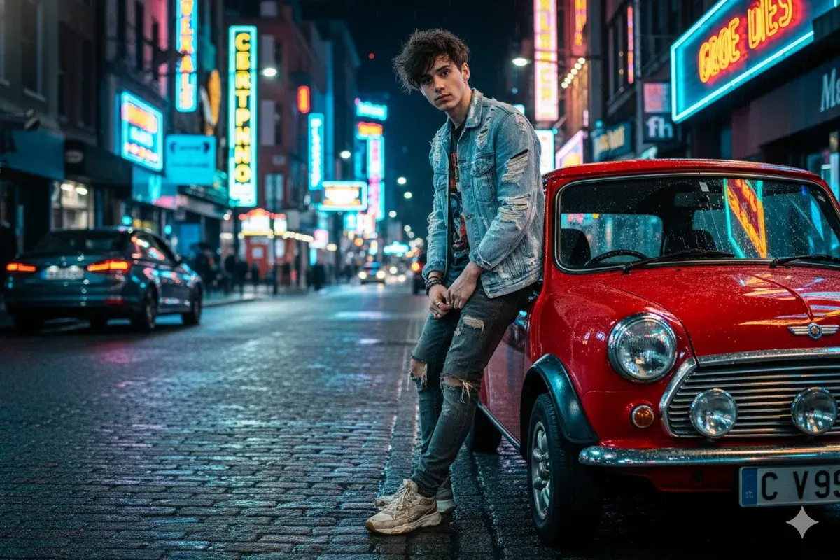 Hasil edit prompt Gemini AI foto cowok skena dengan mobil Mini Cooper jadi lebih keren. (Sumber: Freepik/stockking)