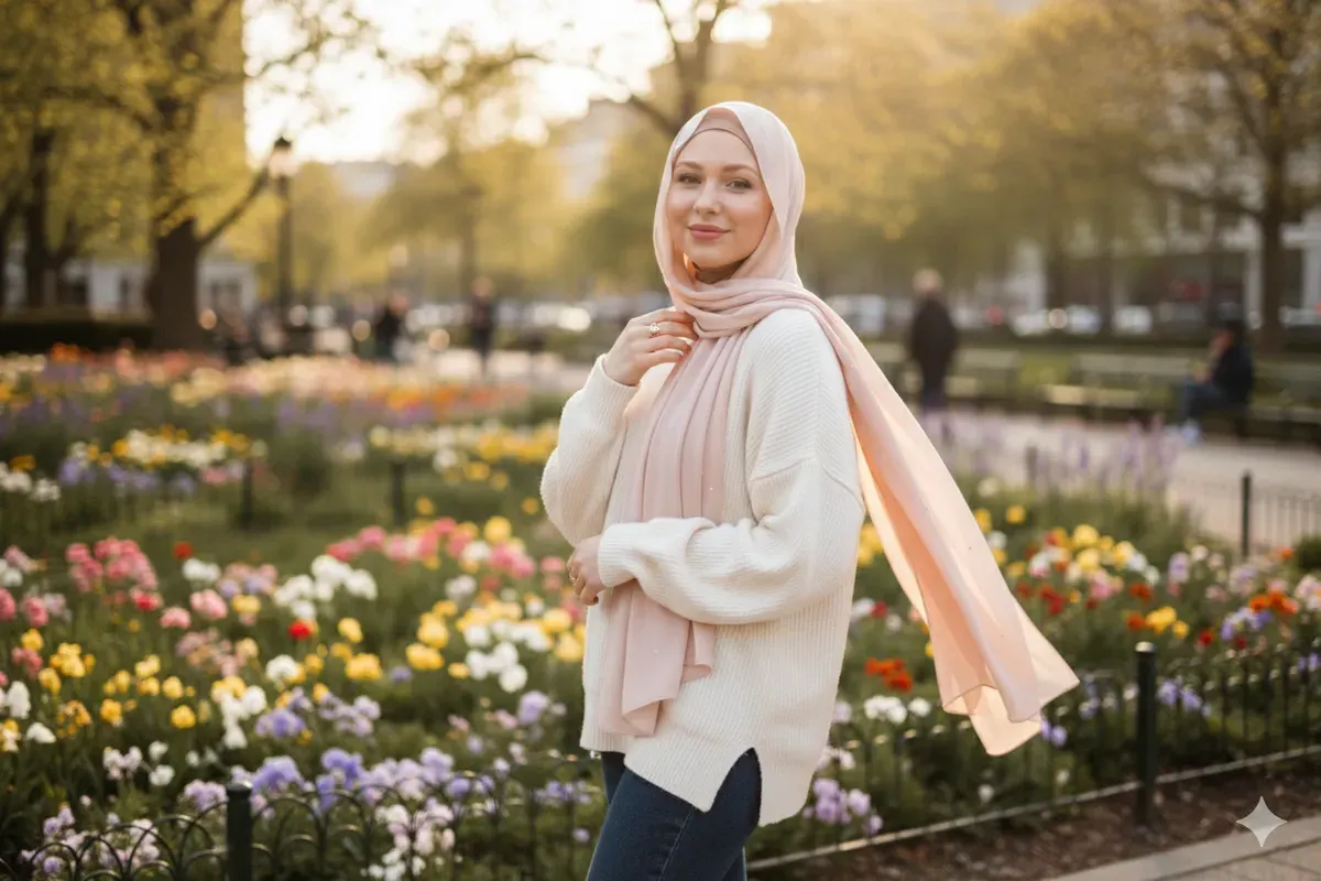 Hasil edit prompt Gemini AI wanita berhijab tampil natural dan stylish tanpa editan. (Sumber: Freepik)